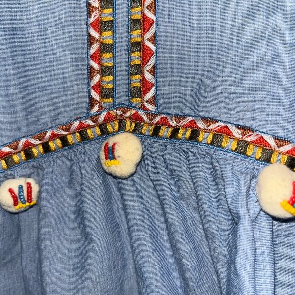 ZARA Embroidered BOHO Peasant Top Blue Floral Pom Poms Beaded Puff Sleeves  XL - Picture 5 of 11